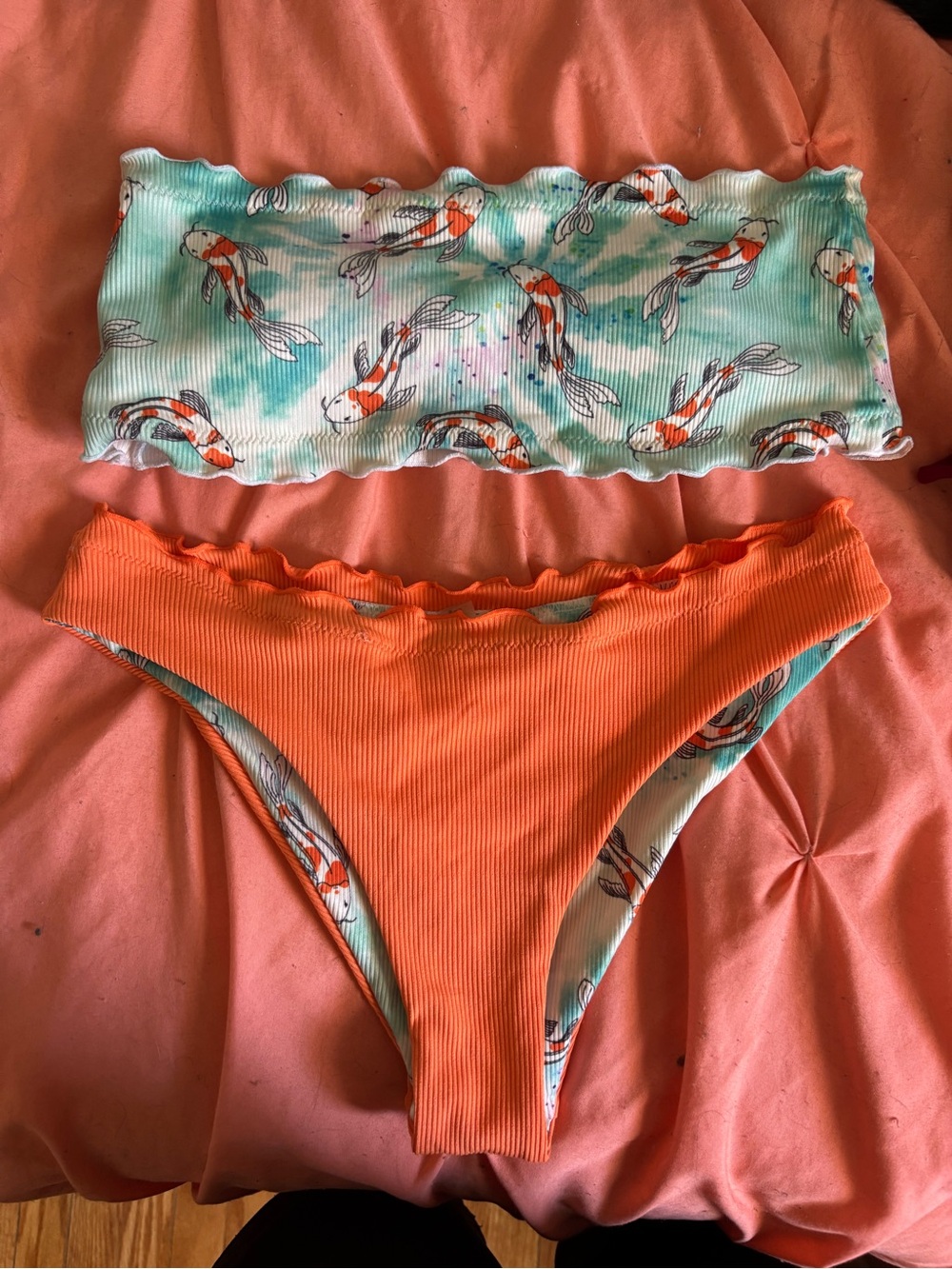 Zaful Women’s Aqua Koi Print Bandeau Bikini Top & Orange Ribbed Bottoms